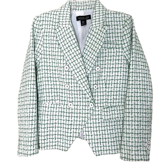 Rachel Zoe Green Plaid Tweed Jacket Blazer M Double Breasted Business Casual - Picture 4 of 15